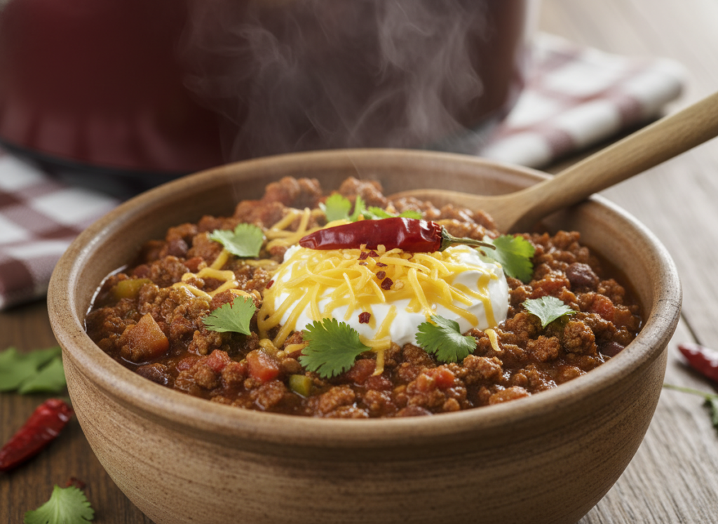 Keto beef chili in slow cooker with toppings