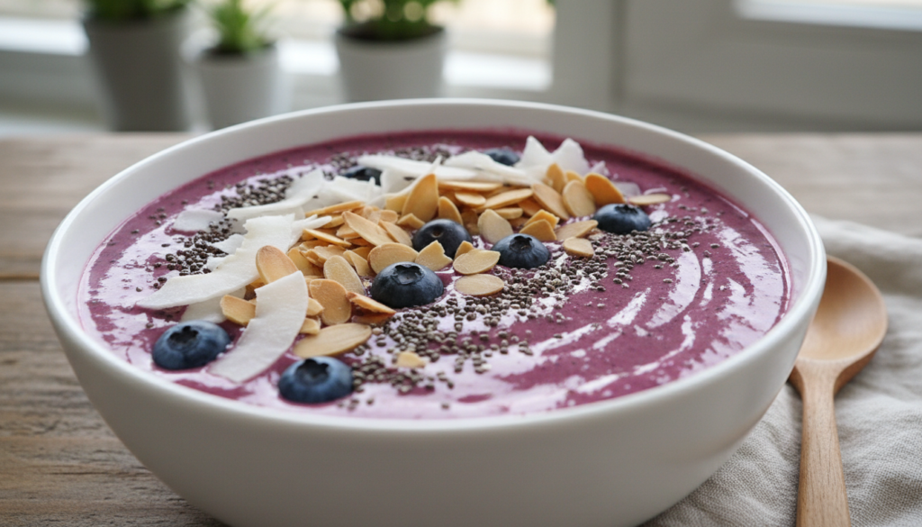 Keto berry smoothie bowl topped with nuts and coconut