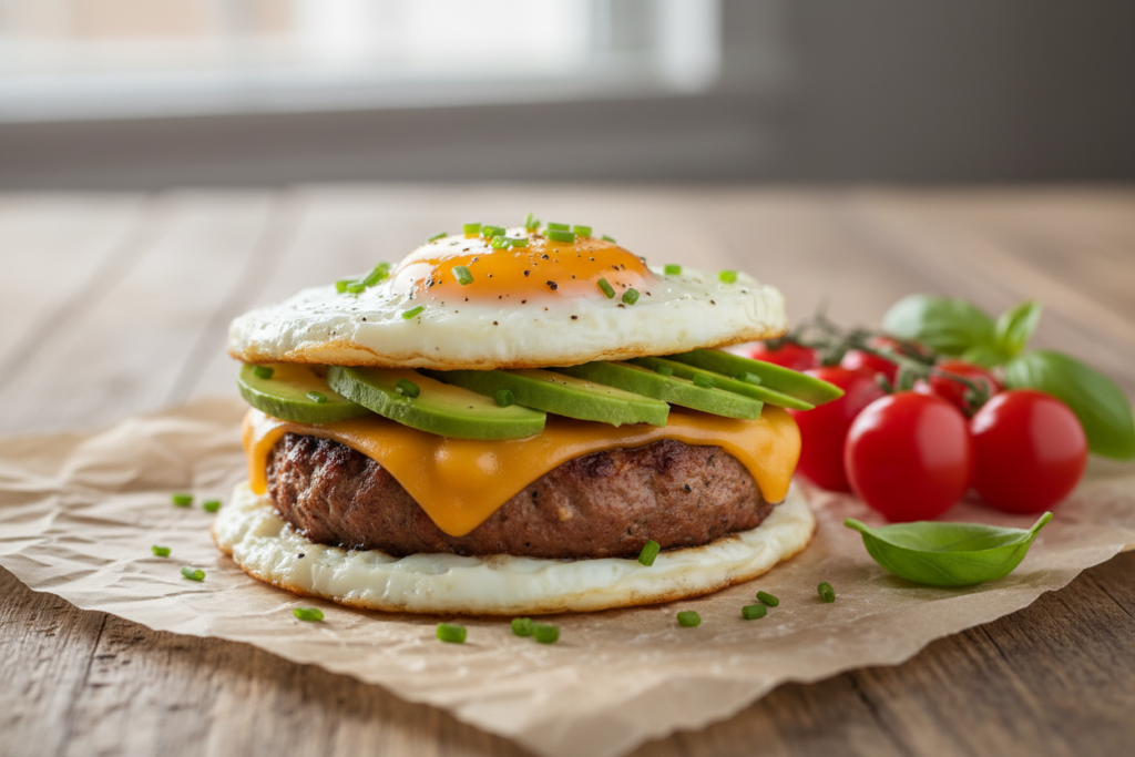 Keto breakfast sandwich with sausage patty between egg buns