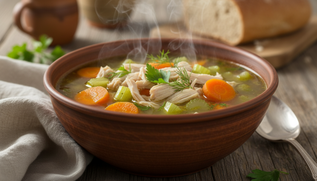 Keto chicken vegetable soup with herbs