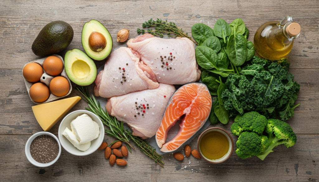 Keto diet food ingredients including proteins, healthy fats and low-carb vegetables
