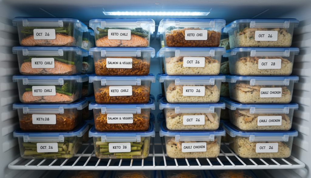Keto freezer meals labeled and organized