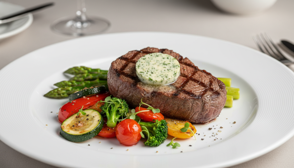 Keto-friendly restaurant meal with steak and vegetables
