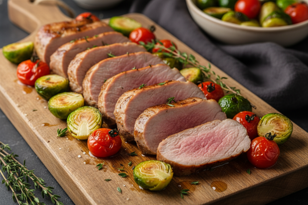 Keto pork tenderloin sliced with herbs and vegetables