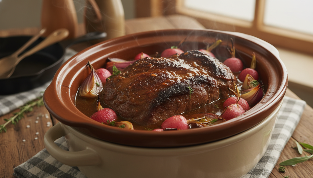 Keto pot roast with radishes in a slow cooker