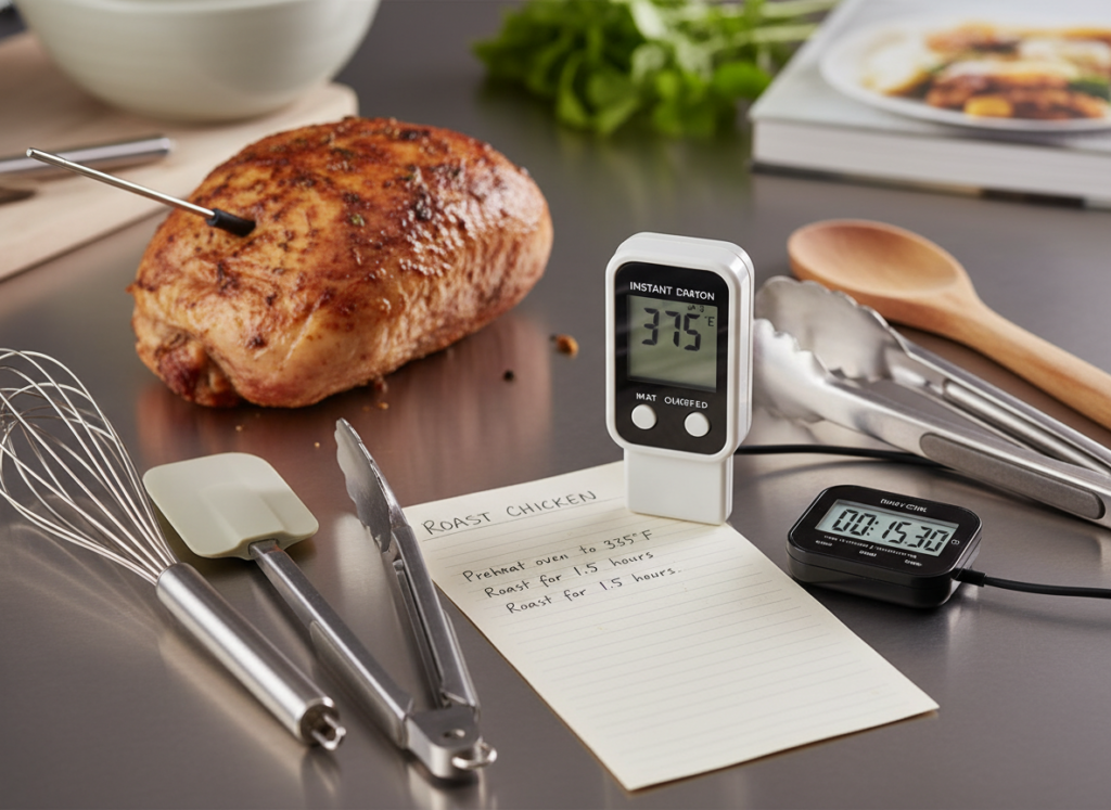 Kitchen thermometer and timer showing proper cooking temperature and timing