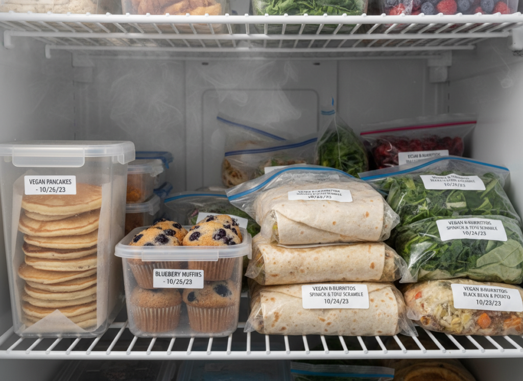 Labeled freezer bags and containers with frozen vegan breakfast items