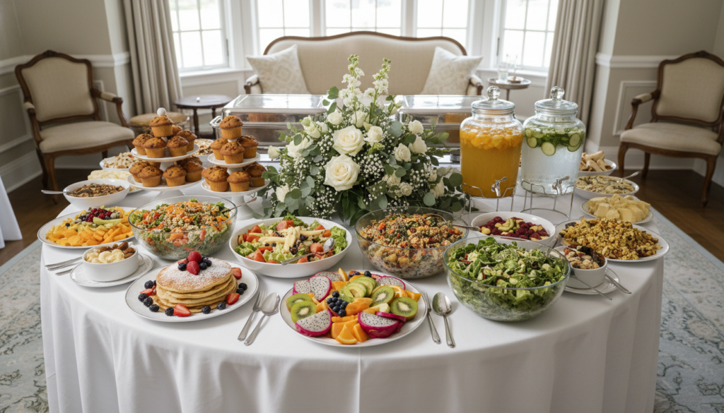 Large buffet table spread with multiple vegan brunch dishes beautifully arranged