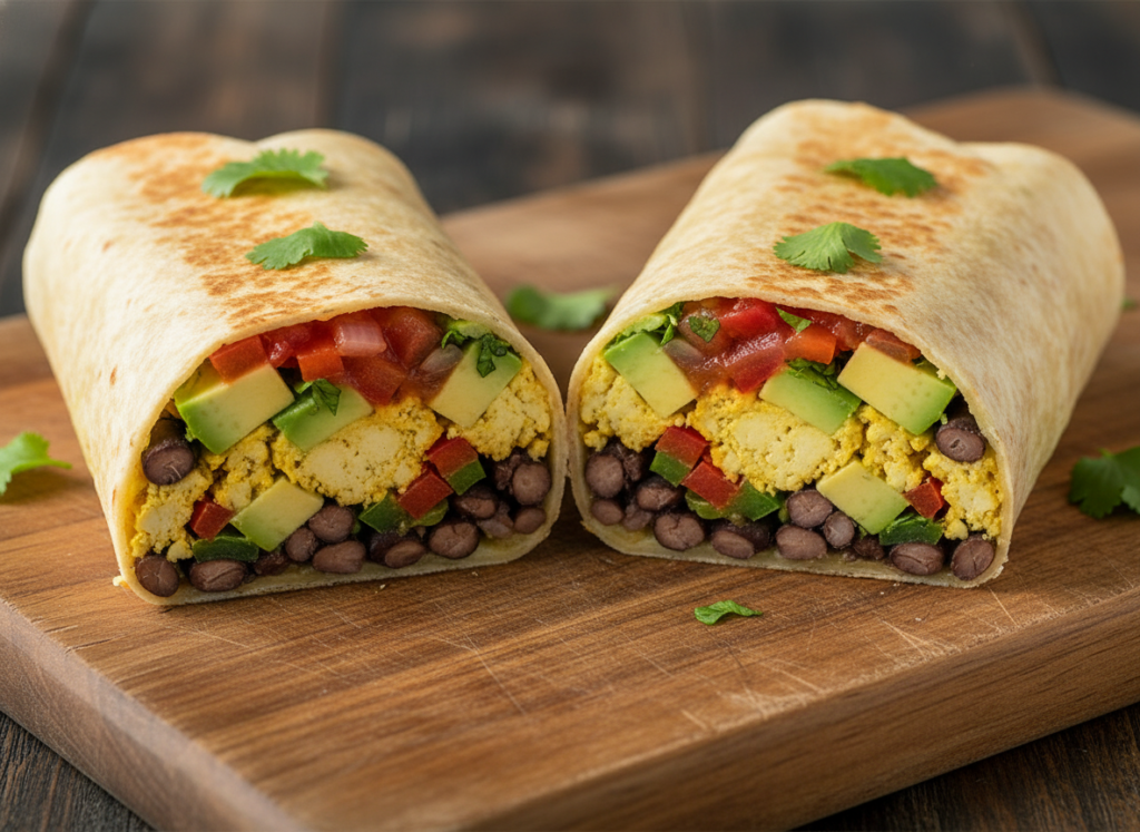 Loaded vegan breakfast burrito cut in half showing colorful filling ingredients