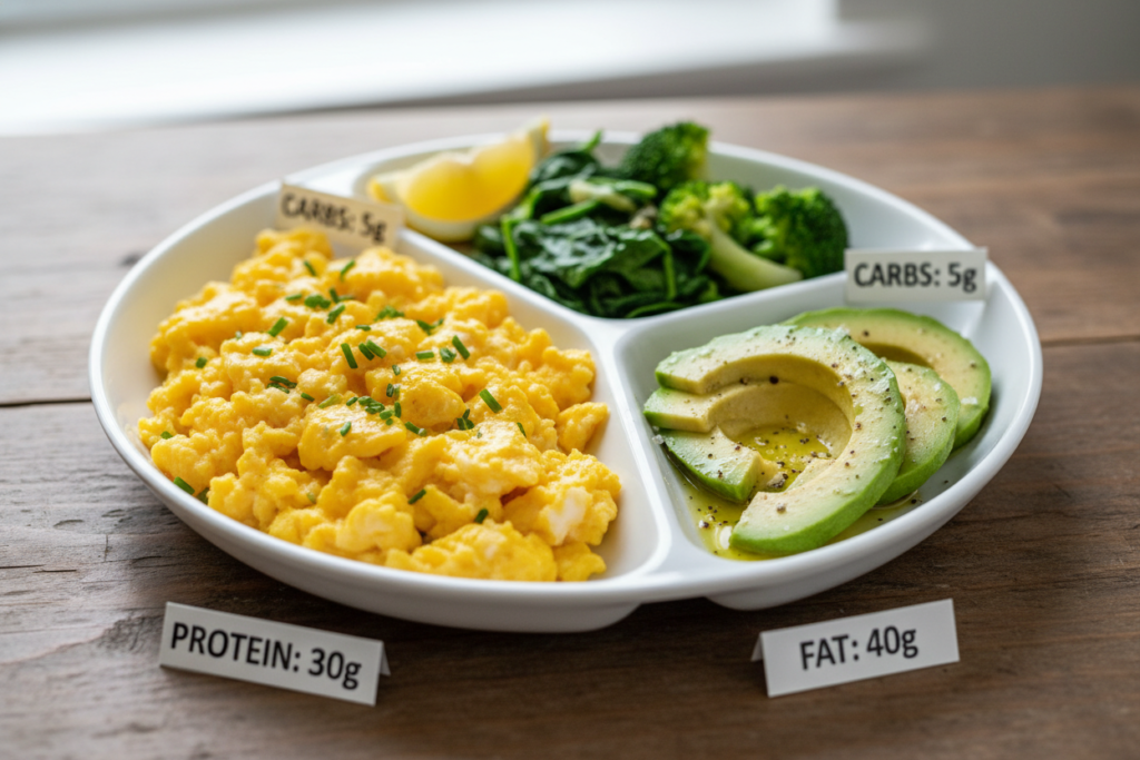 Macro-balanced keto breakfast plate with portions labeled