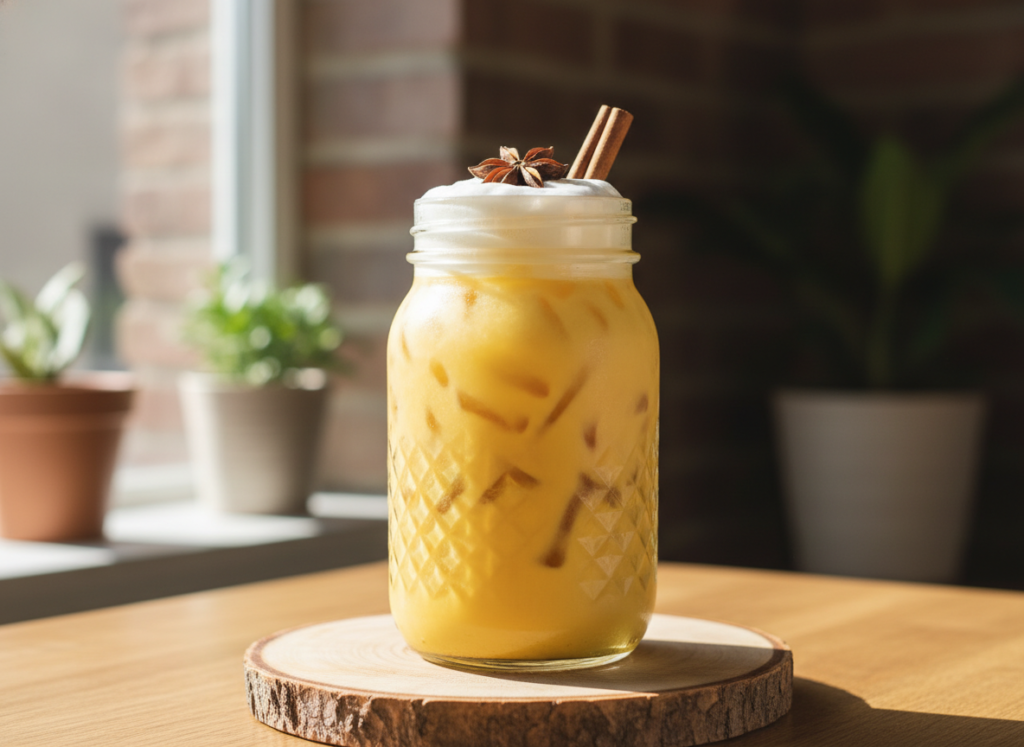 Mason jar filled with iced golden turmeric latte with cinnamon stick garnish