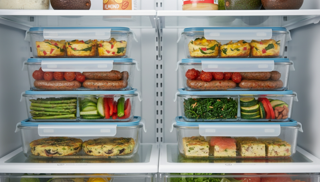 Meal prep containers with keto breakfast portions in the fridge