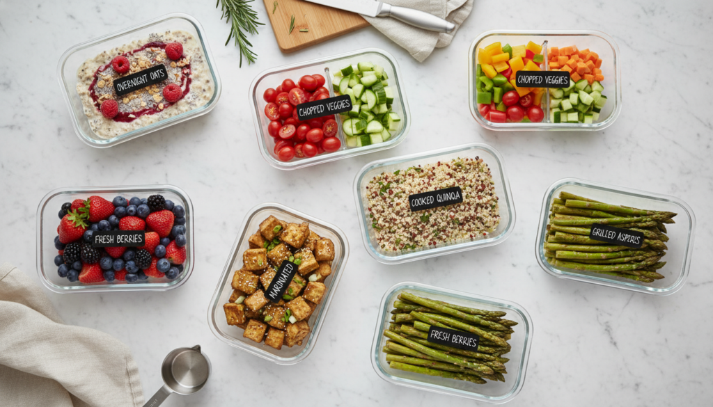 Meal prep containers with organized brunch components ready for assembly