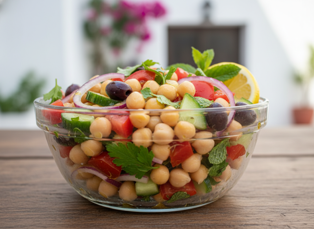 Mediterranean chickpea salad with tomatoes, cucumbers, olives, and fresh herbs
