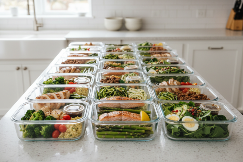 Organized keto meal prep containers for the week