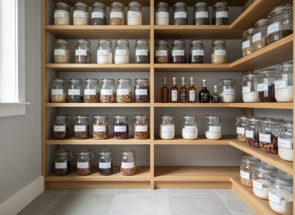 Organized pantry shelves with labeled glass jars containing oats, flour, nuts, seeds, and plant-based staples