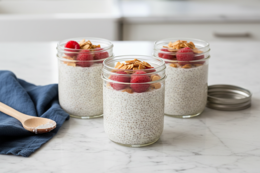 Overnight chia seed pudding jars with keto toppings