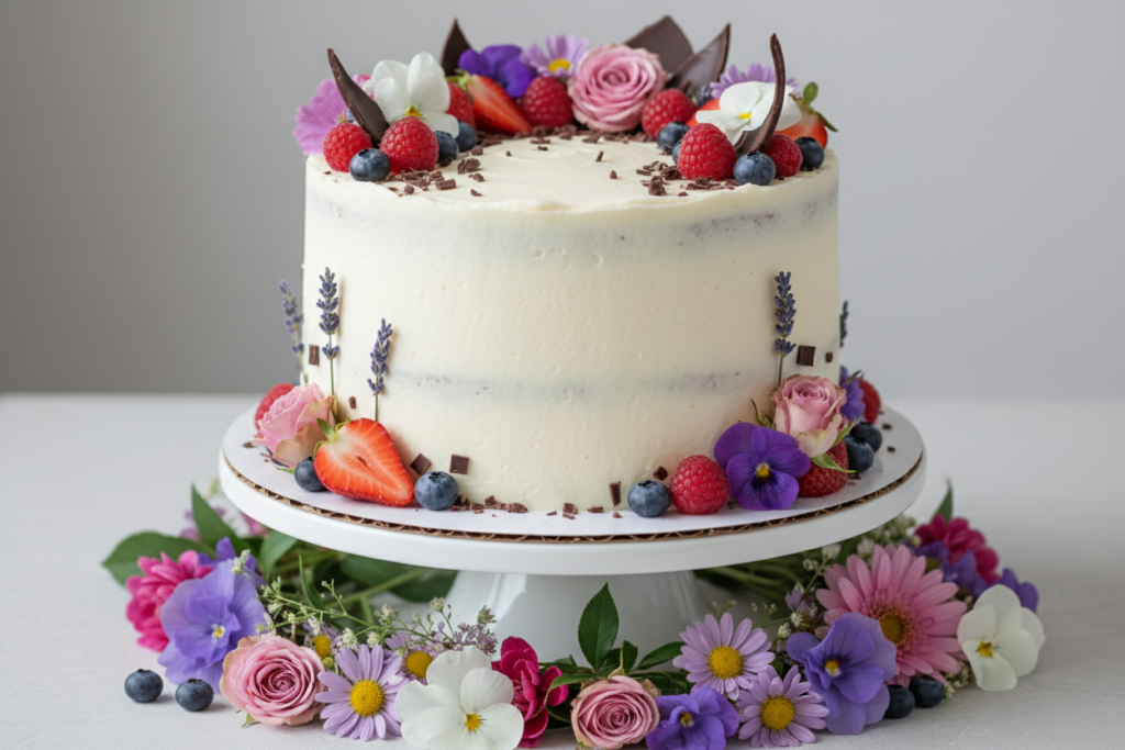 Pastel keto decorado con flores comestibles