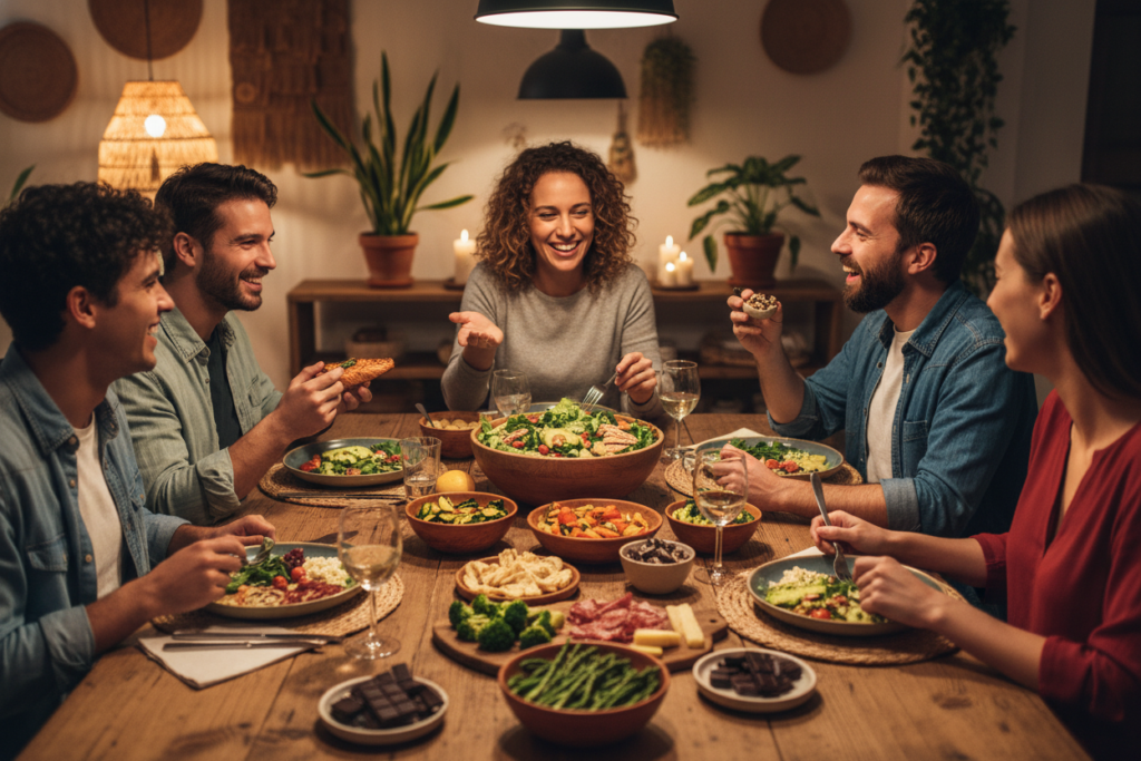 Person enjoying a keto meal with friends showing sustainable lifestyle