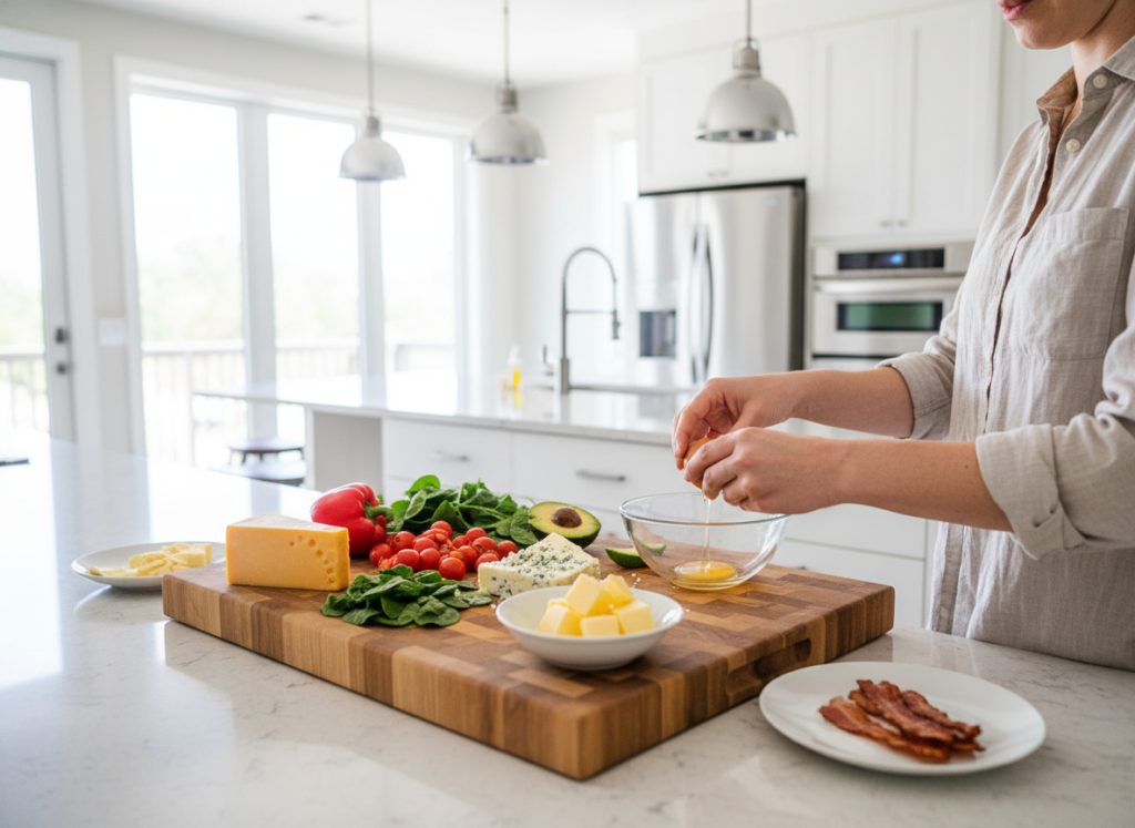 Person preparing keto breakfast in a modern kitchen with fresh ingredients
