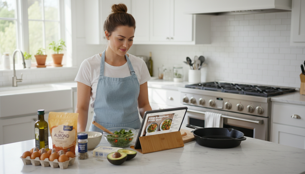 Person preparing keto breakfast looking at recipe on tablet