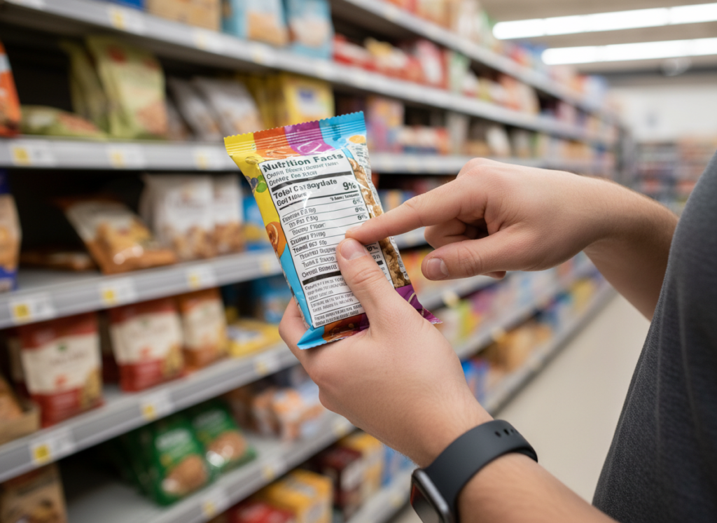 Person reading nutrition label on packaged food