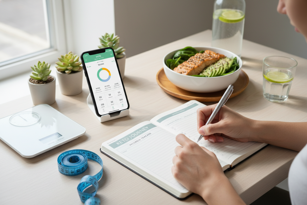 Person tracking keto progress with measurements and journal