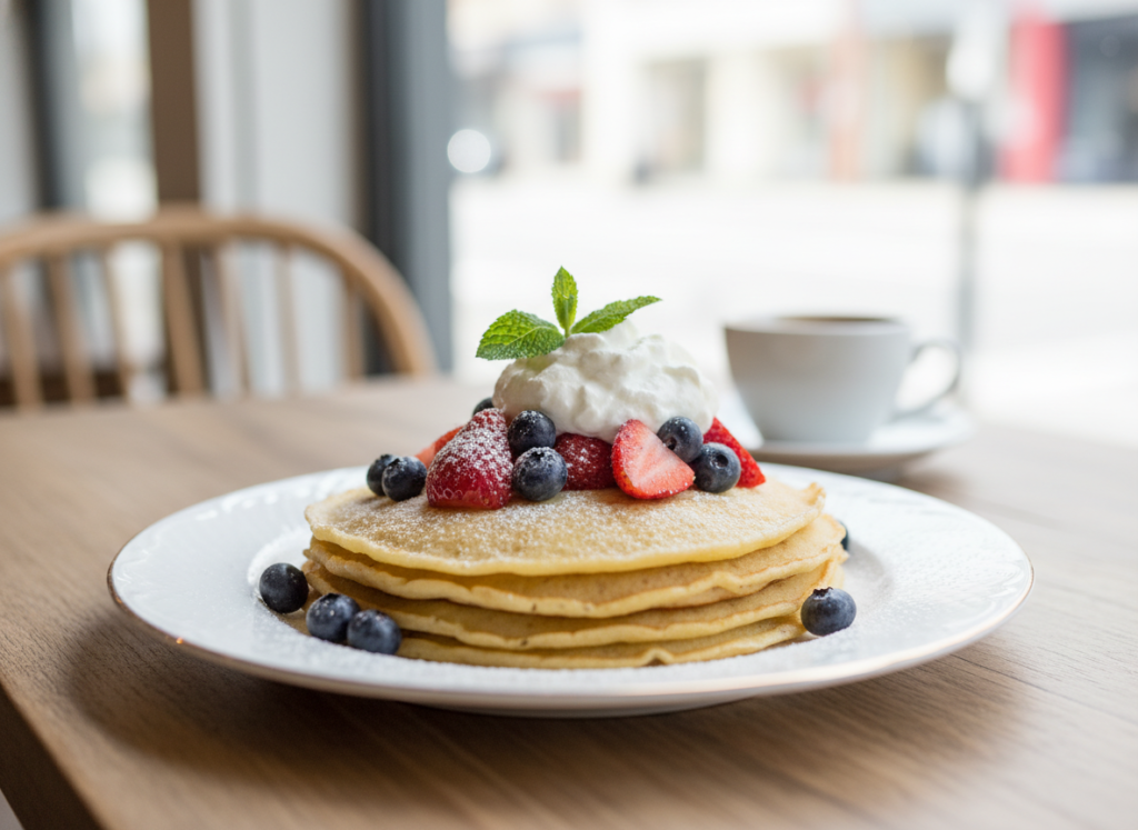 Plate of thin delicate vegan crepes folded and topped with fresh berries and cream