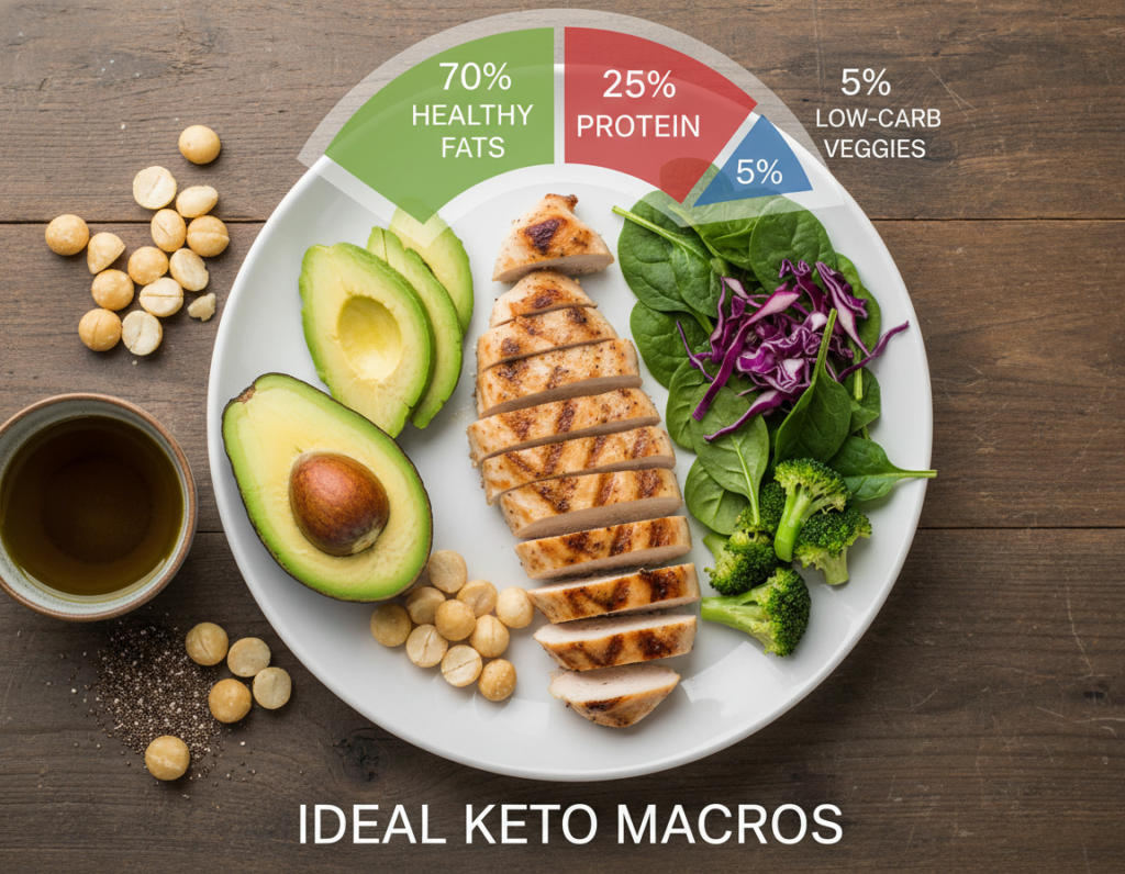 Plate showing proper keto macros with high fat, moderate protein, low carb