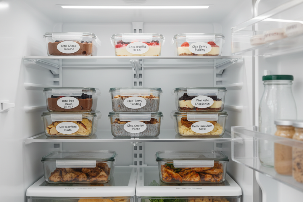 Postres keto almacenados en recipientes herméticos