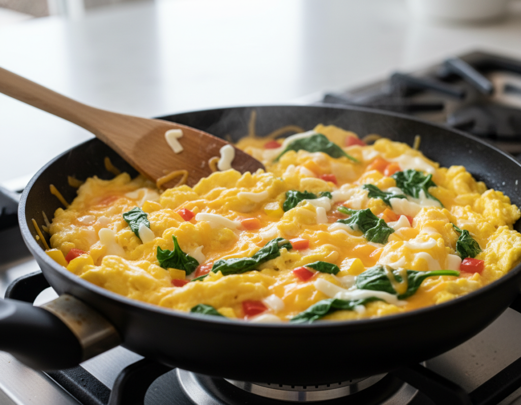 Quick scrambled eggs with cheese and vegetables in a skillet