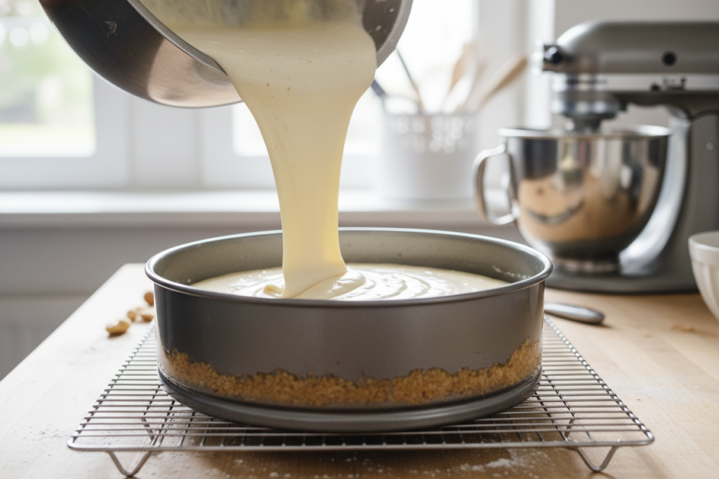 Relleno cremoso de cheesecake siendo vertido en molde