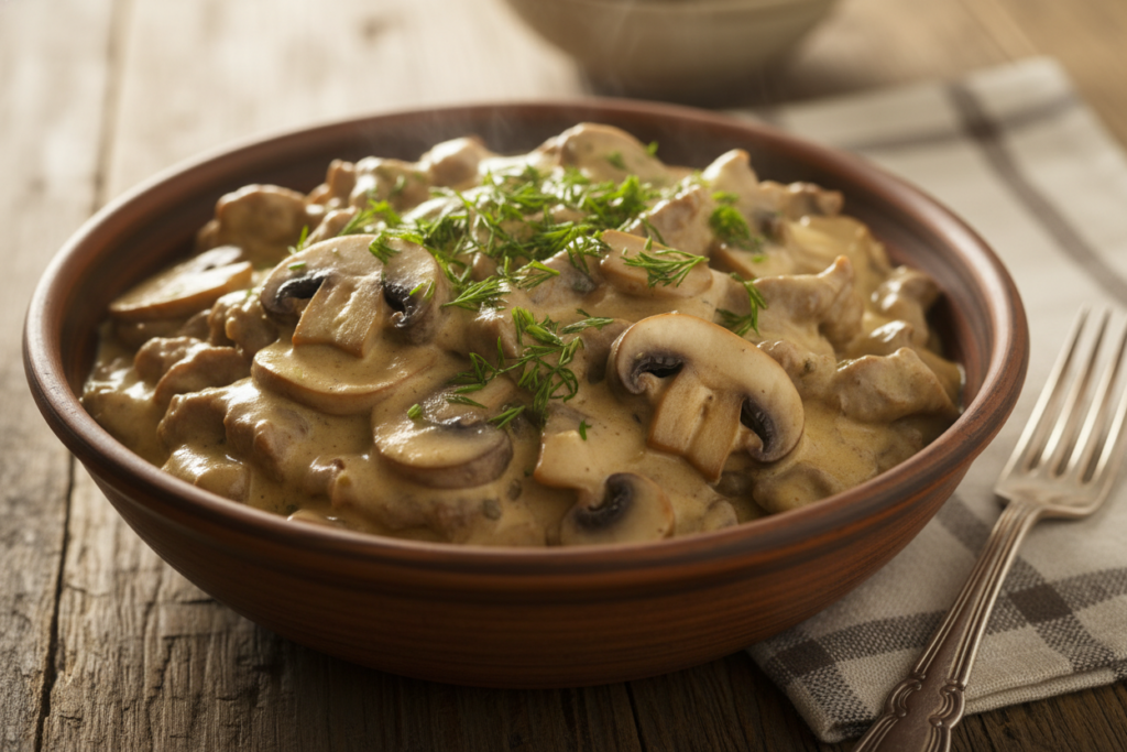 Rich keto beef stroganoff with mushrooms and sour cream