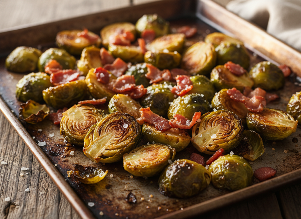 Roasted Brussels sprouts with bacon on a sheet pan