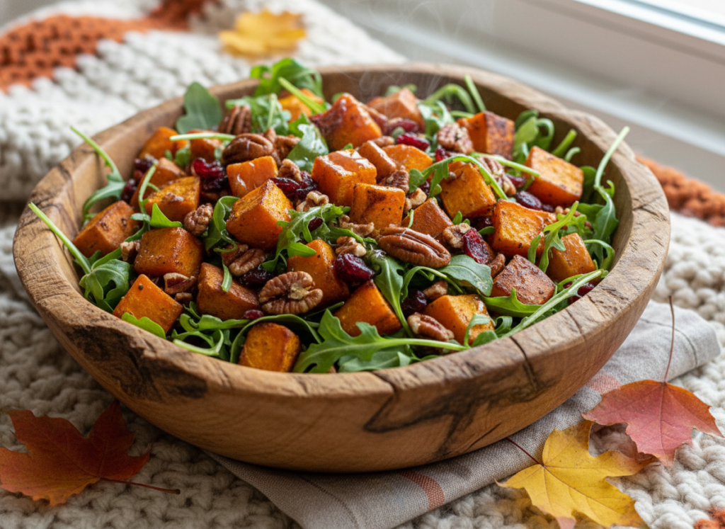 Roasted sweet potato salad with pecans, cranberries, and maple dressing