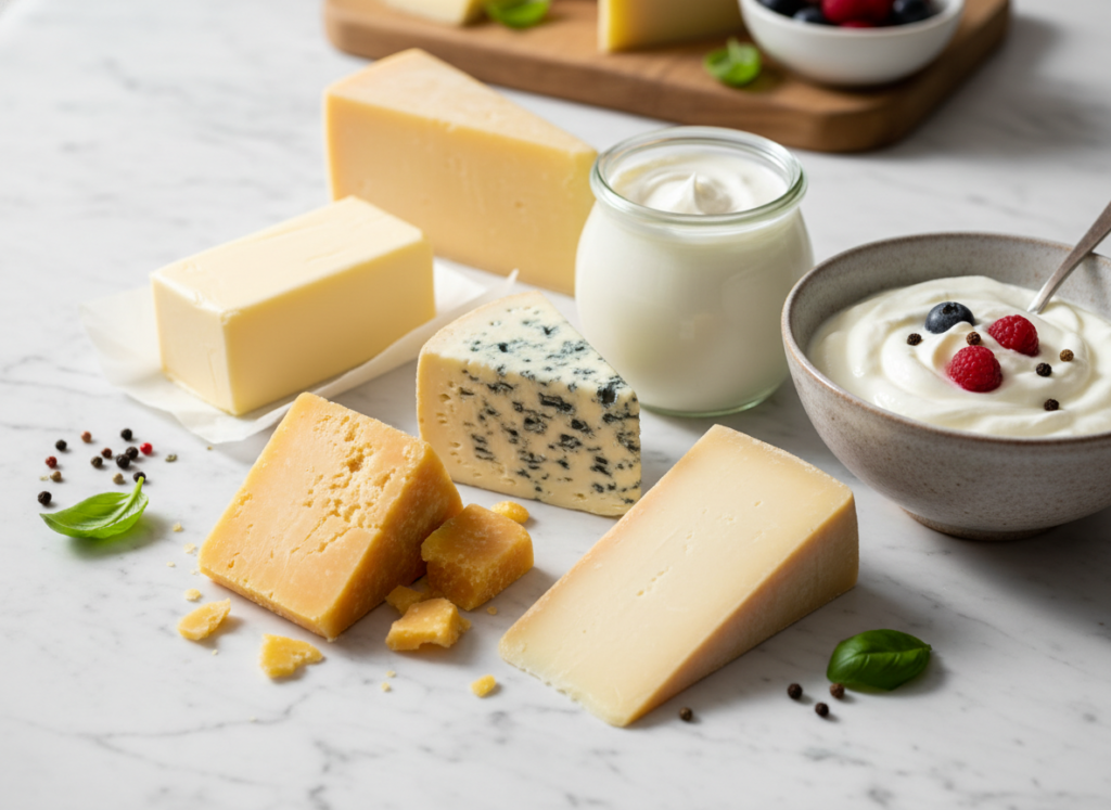 Selection of keto-friendly dairy products including cheese, butter, and heavy cream