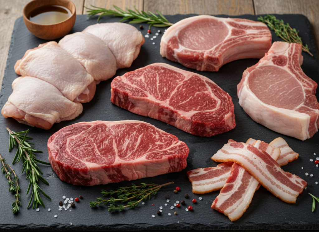 Selection of raw keto-friendly meats including beef steaks, chicken thighs, and pork chops