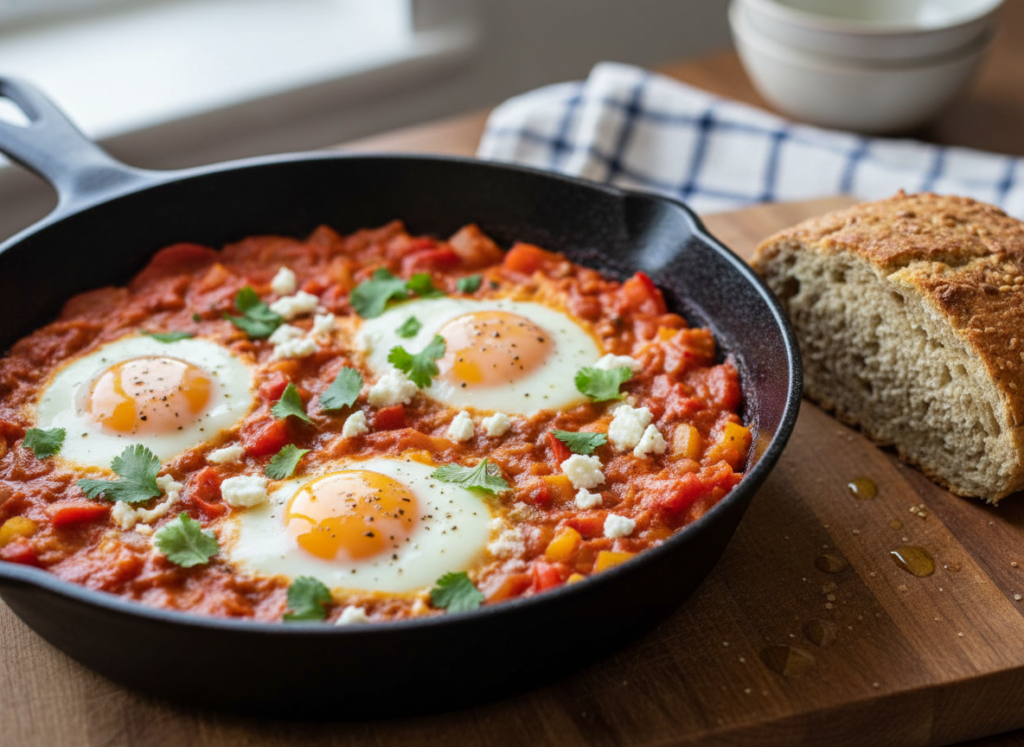 Shakshuka with eggs poached in tomato sauce