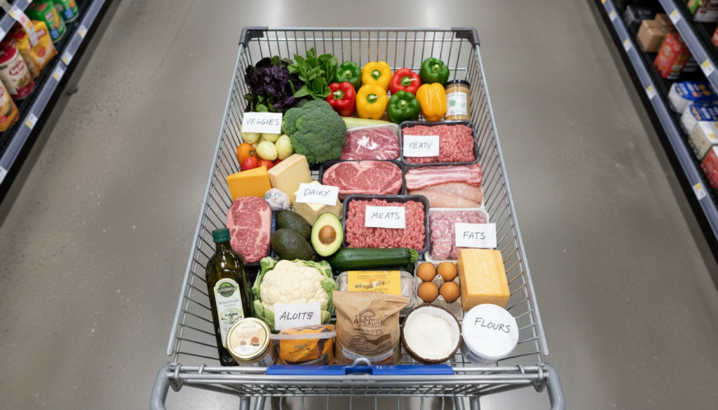 Shopping cart filled with keto-friendly groceries