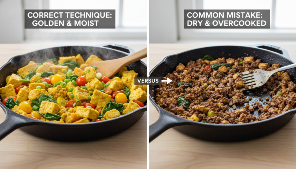 Side-by-side comparison showing correct and incorrect cooking techniques