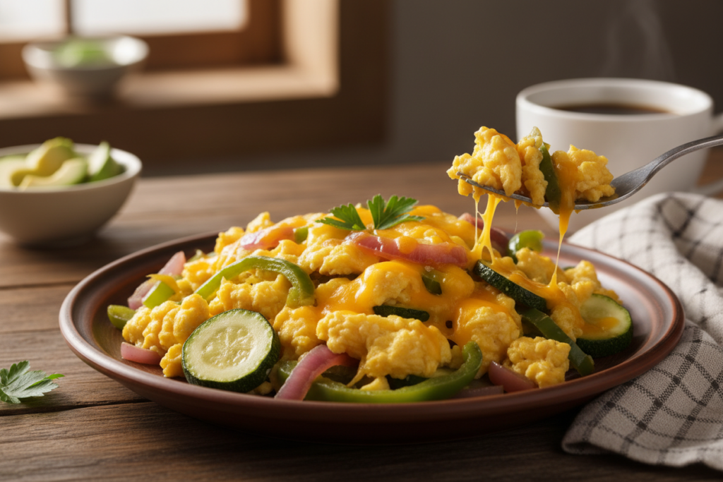 Simple keto egg dish with vegetables and cheese
