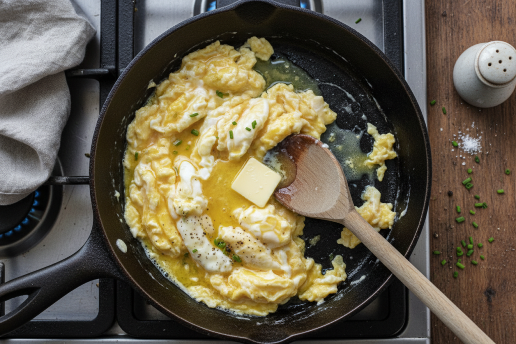Simple scrambled eggs with butter in a cast iron pan