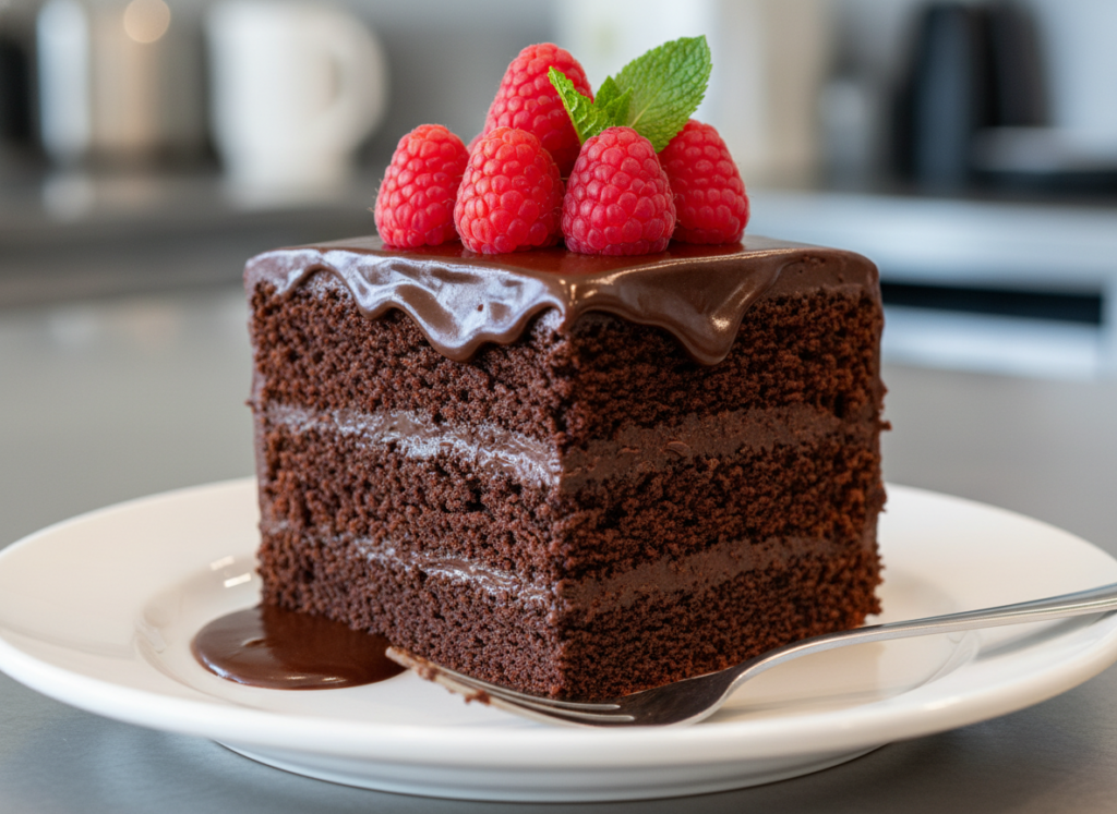 Slice of moist vegan chocolate cake with rich chocolate frosting and fresh berries