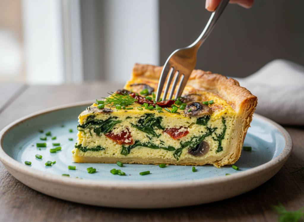 Slice of savory vegan quiche with visible vegetable pieces and golden crust