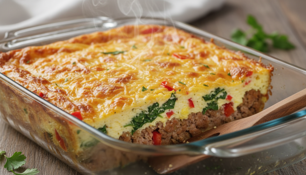 Sliced keto breakfast casserole showing layers of eggs, meat and vegetables