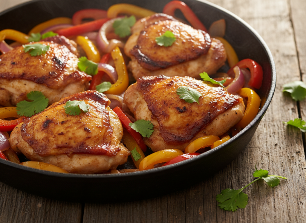 Spicy keto chicken thighs with colorful vegetables