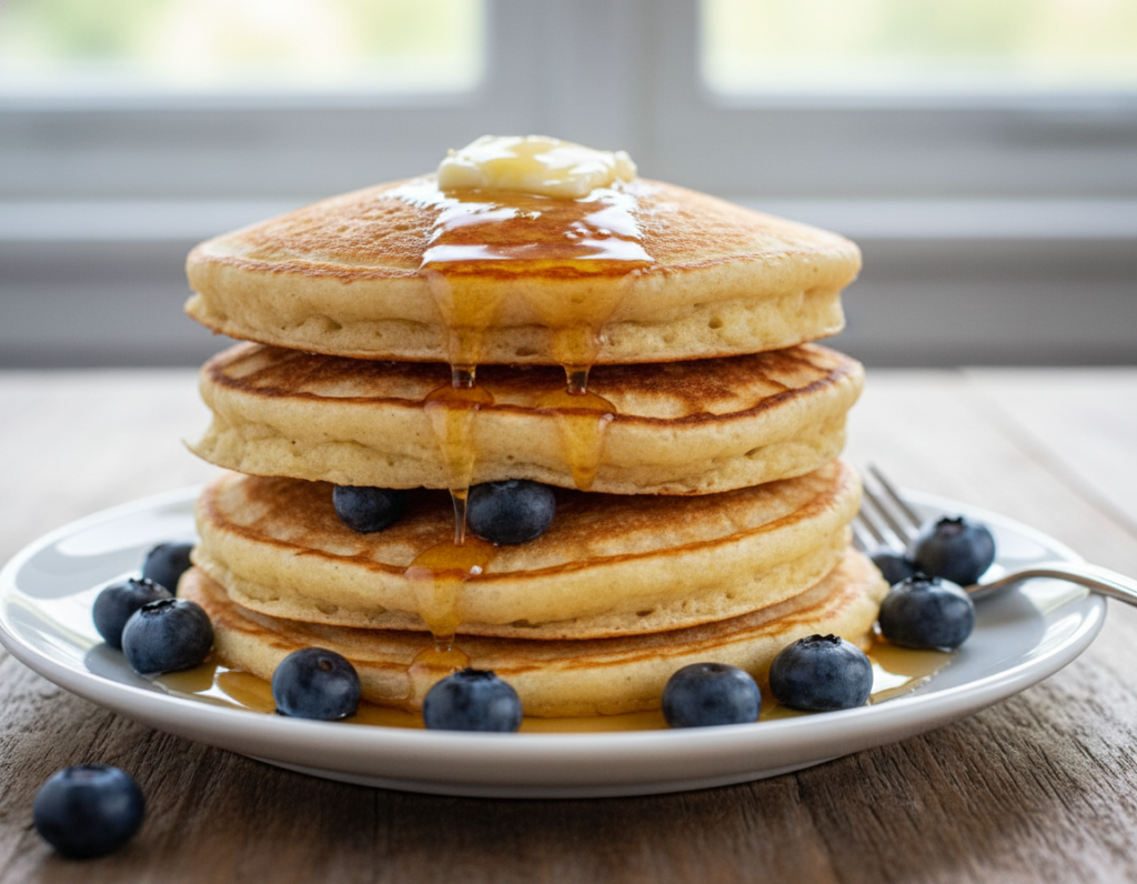 Stack of fluffy almond flour keto pancakes with butter