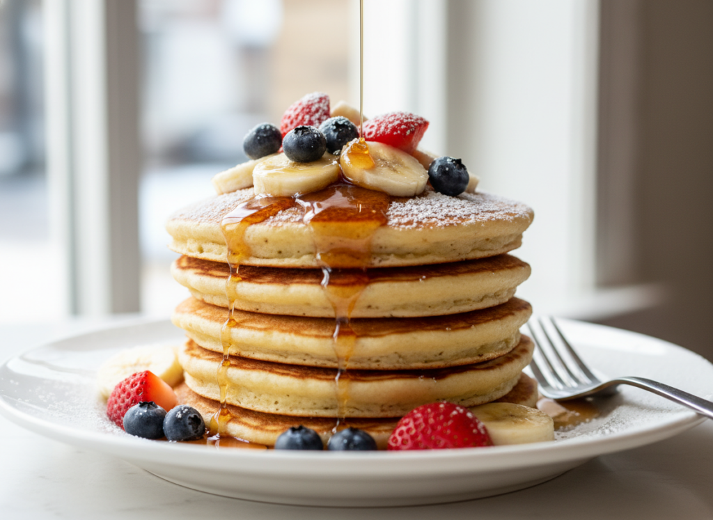 Stack of fluffy vegan pancakes topped with fresh berries, sliced bananas, and maple syrup drizzle