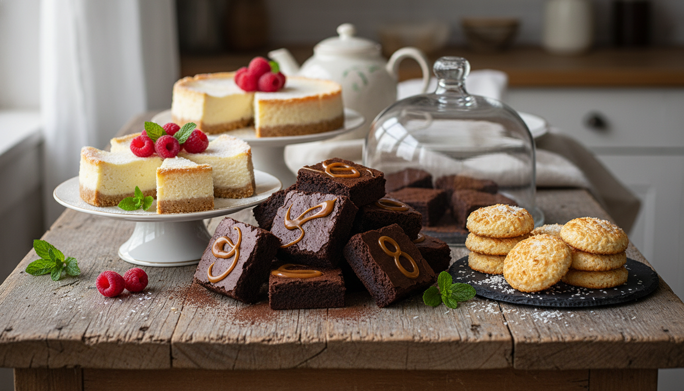 Variedad de postres keto artesanales en mesa de madera