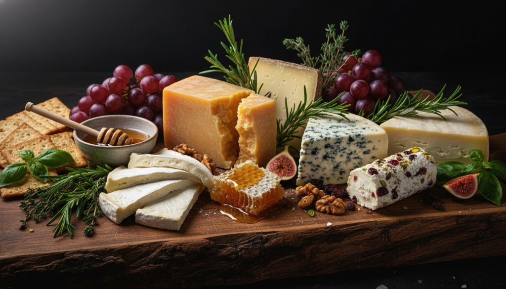 Variety of artisan cheeses on a wooden board